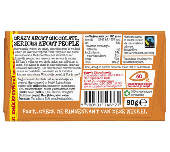 Chocolade Tony's Chocolonely melk karamel zeezout reep 90 gram