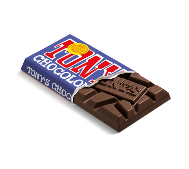 Chocolade Tony's Chocolonely donkere melk pretzel toffee reep 90 gram