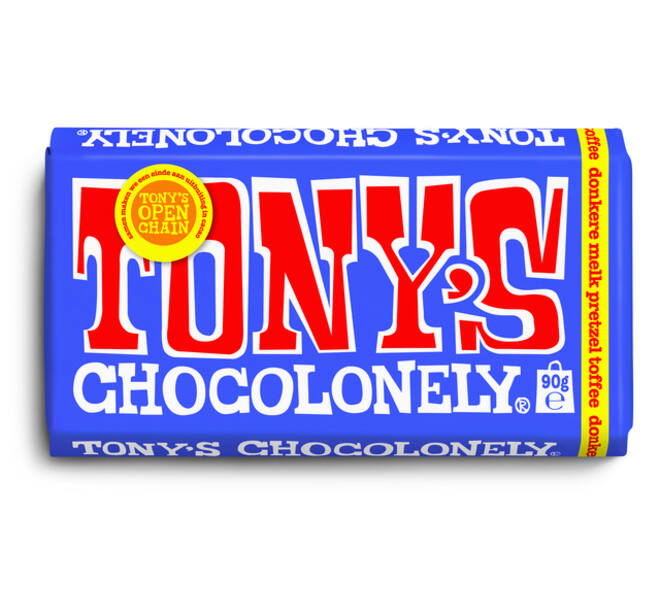 Chocolade Tony's Chocolonely donkere melk pretzel toffee reep 90 gram