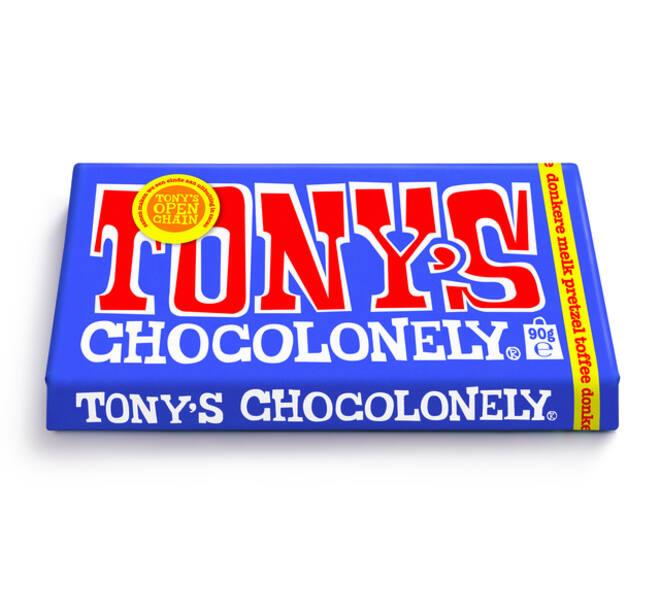 Chocolade Tony's Chocolonely donkere melk pretzel toffee reep 90 gram