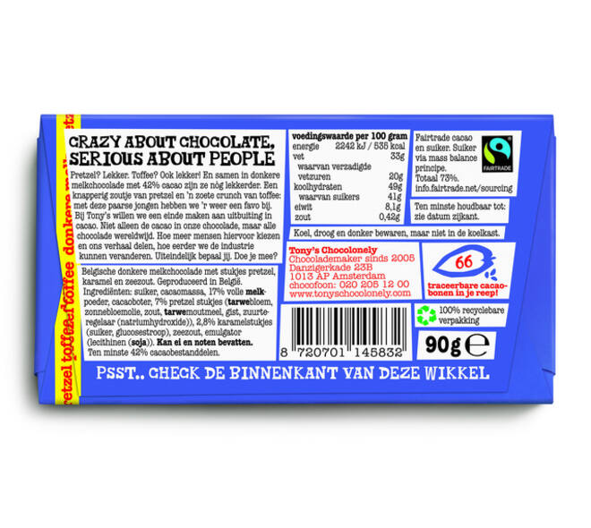 Chocolade Tony's Chocolonely donkere melk pretzel toffee reep 90 gram