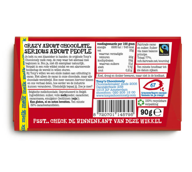 Chocolade Tony's Chocolonely melk reep 90 gram