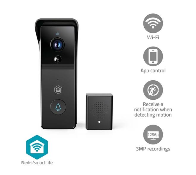 Videodeurbel Nedis Smartlife Wifi 3MP Full HD 1296p zwart