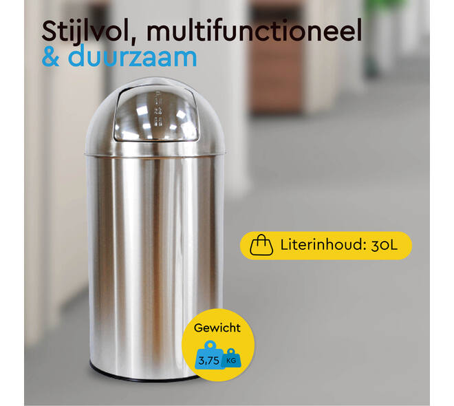 Afvalbak BRASQ Push Bin PB230+ 30 liter rvs