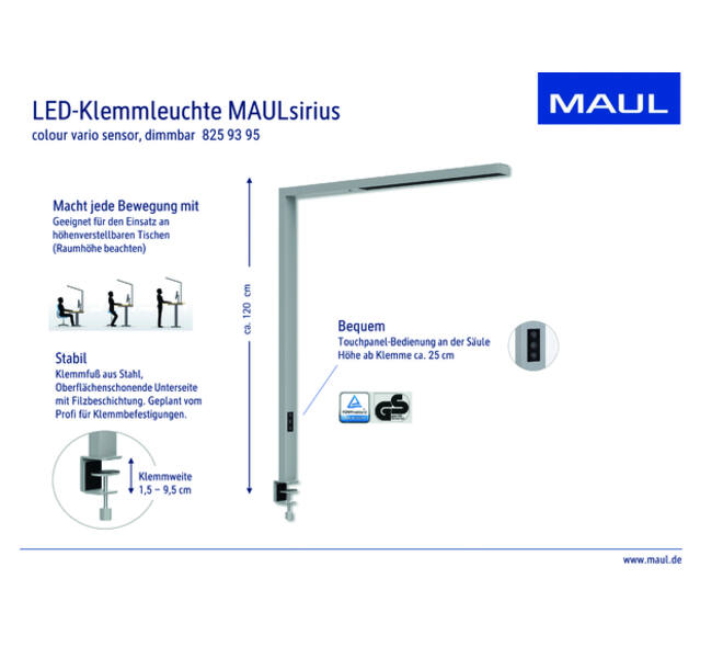 Werkpleklamp tafelklem MAUL Sirius LED beweging- daglichtsensor dimbaar zilver