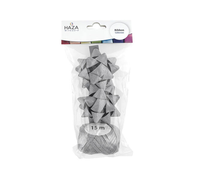 Cadeaulint Polyband en 2 rozetten zilver glitter