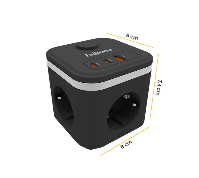 Stekkerblok Fellowes Power Cube F 3vdg 1xUSB A 2xUSB C 2 meter zwart