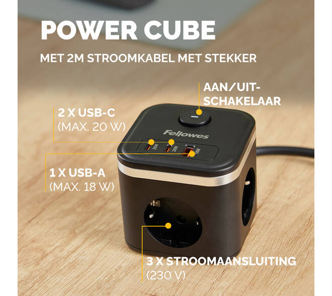Stekkerblok Fellowes Power Cube F 3vdg 1xUSB A 2xUSB C 2 meter zwart