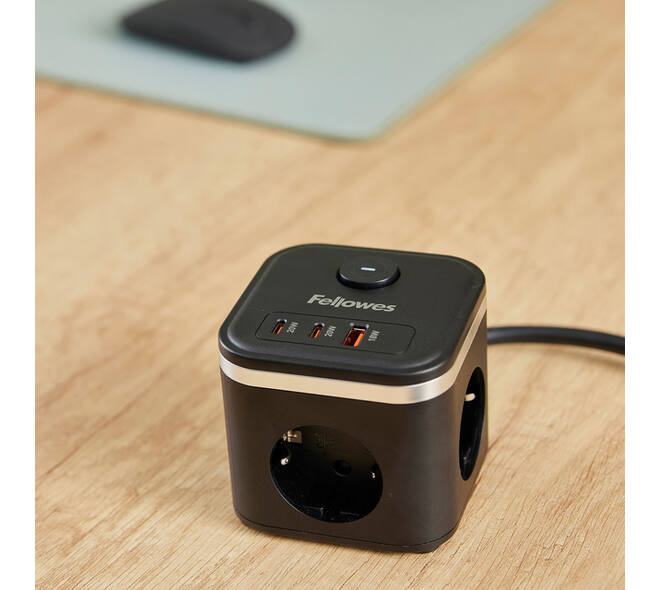 Stekkerblok Fellowes Power Cube F 3vdg 1xUSB A 2xUSB C 2 meter zwart