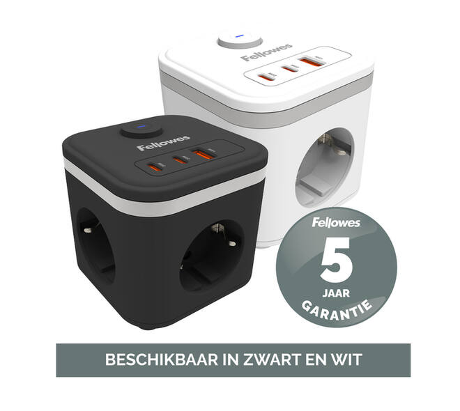 Stekkerblok Fellowes Power Cube F 3vdg 1xUSB A 2xUSB C 2 meter zwart