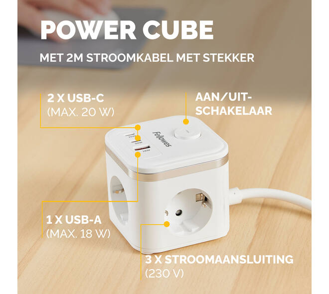 Stekkerblok Fellowes Power Cube F 3 voudig 1xUSB A 2xUSB C 2 meter wit