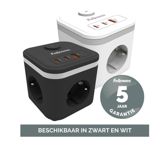Stekkerblok Fellowes Power Cube F 3 voudig 1xUSB A 2xUSB C 2 meter wit