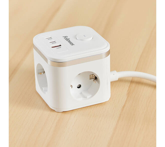 Stekkerblok Fellowes Power Cube F 3 voudig 1xUSB A 2xUSB C 2 meter wit