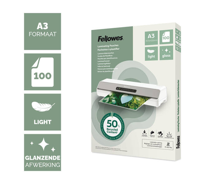 Lamineerhoes Fellowes A3 light 50% gerecycled glans 100stuks