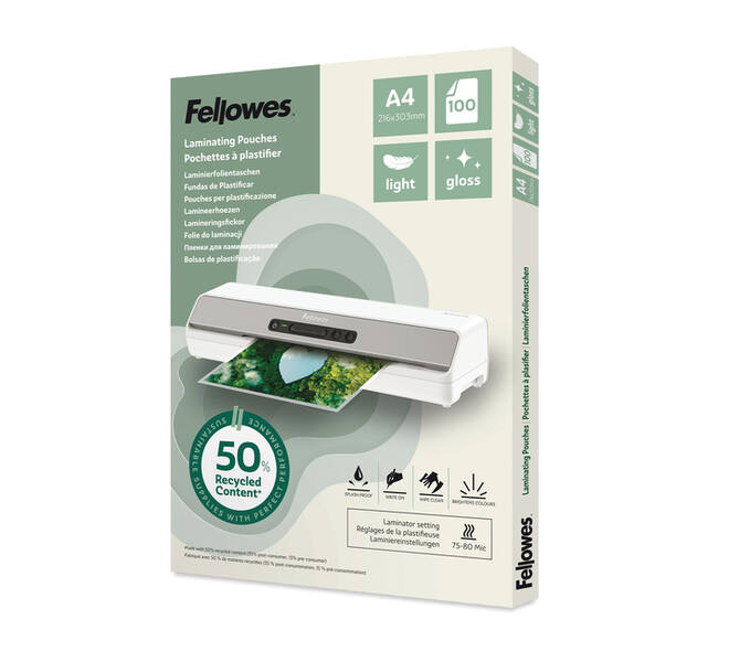 Lamineerhoes Fellowes A4 light 50% gerecycled glans 100stuks