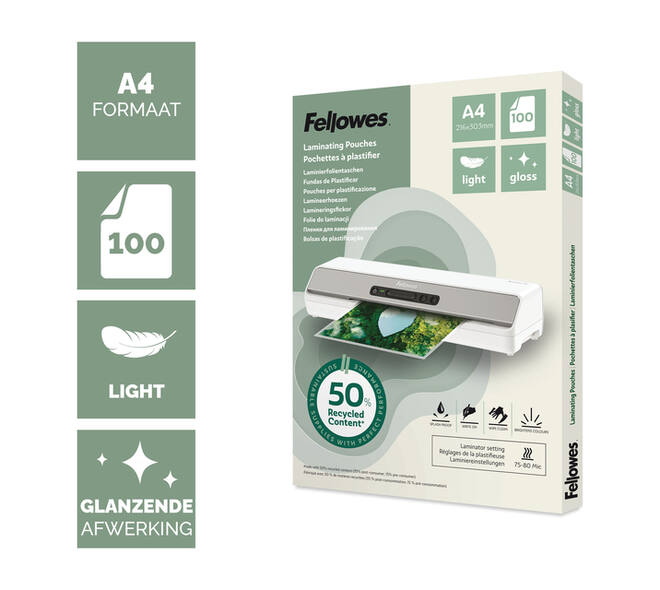 Lamineerhoes Fellowes A4 light 50% gerecycled glans 100stuks