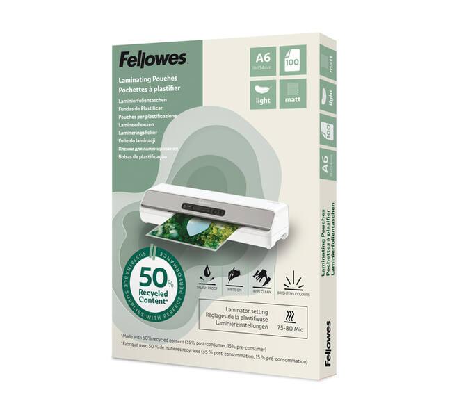 Lamineerhoes Fellowes A6 light 50% gerecycled mat 100stuks