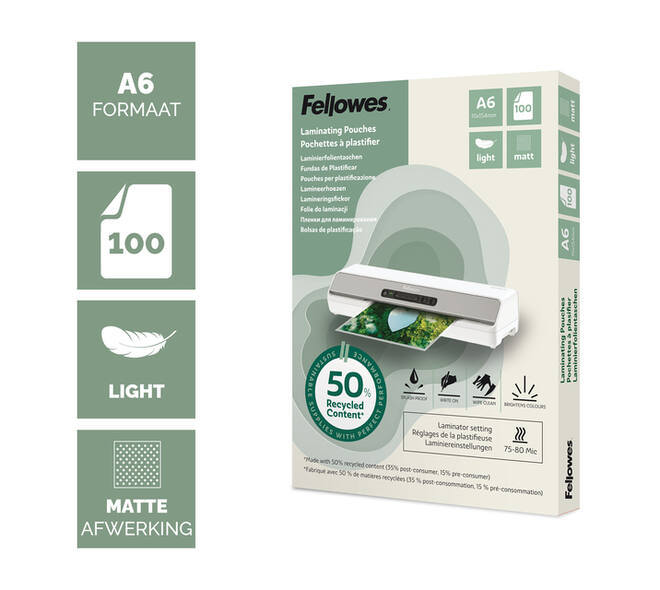 Lamineerhoes Fellowes A6 light 50% gerecycled mat 100stuks