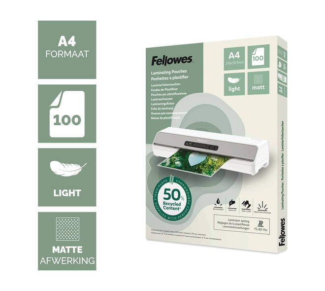 Lamineerhoes Fellowes A4 light 50% gerecycled mat 100stuks