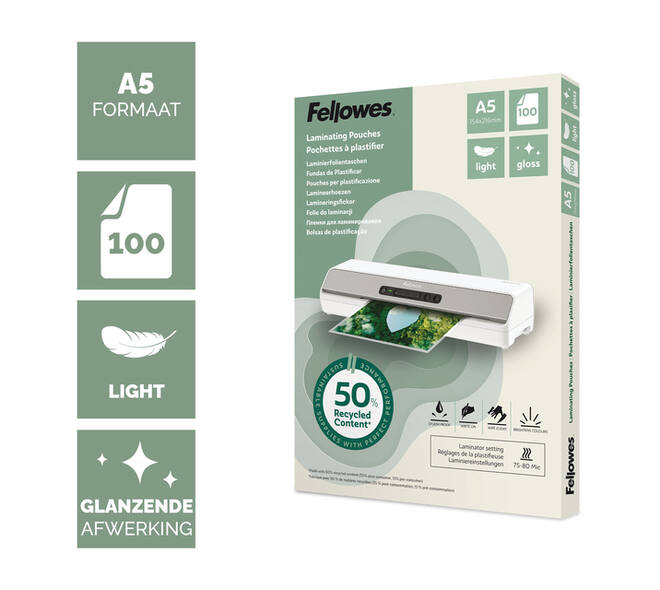 Lamineerhoes Fellowes A5 light 50% gerecycled glans 100stuks