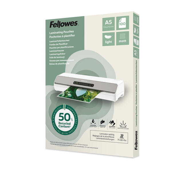 Lamineerhoes Fellowes A5 light 50% gerecycled mat 100stuks