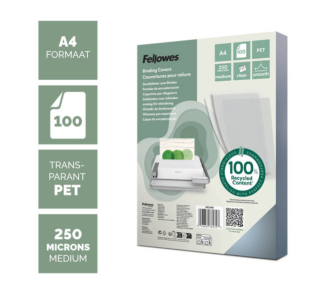 Voorblad Fellowes A4 PET 250micron recycled 100 stuks