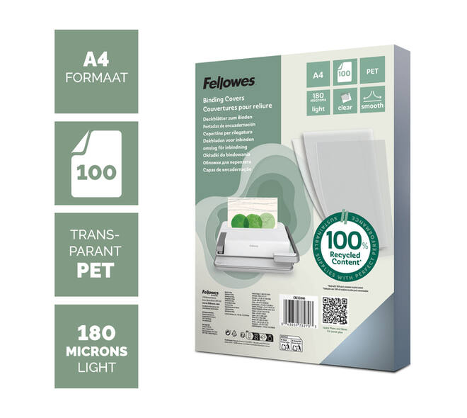 Voorblad Fellowes A4 PET 180micron recycled 100 stuks