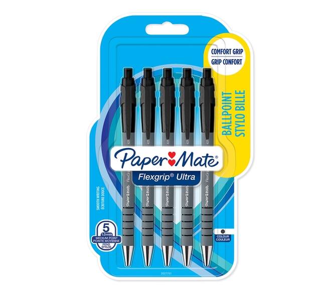 Balpen Paper Mate Flexgrip Ultra medium zwart blister à 5 stuks