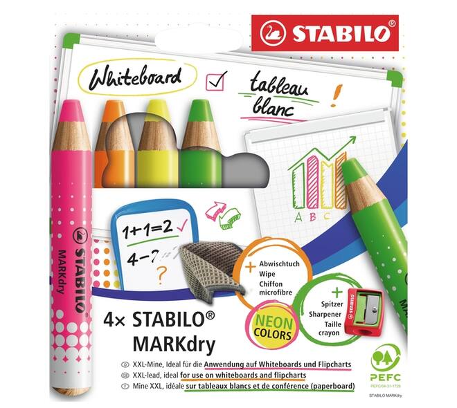 Whiteboardpotlood STABILO MARKdry etui à 4 neon kleuren