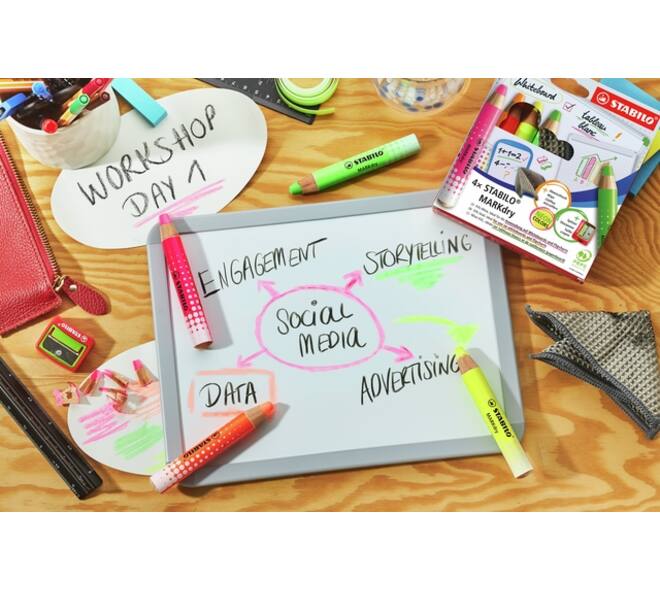 Whiteboardpotlood STABILO MARKdry etui à 4 neon kleuren