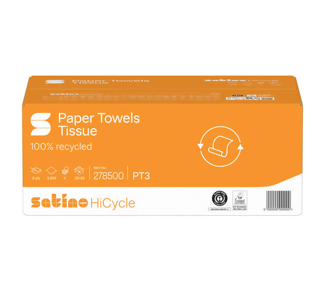 Handdoek Satino PT3 HiCycle v-vouw 2-laags 250x230mm 20x160 vel wit 278500