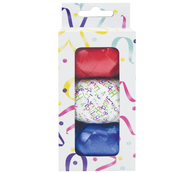 Krullint set à 3 kleuren rood, blauw en wit met happy birthday