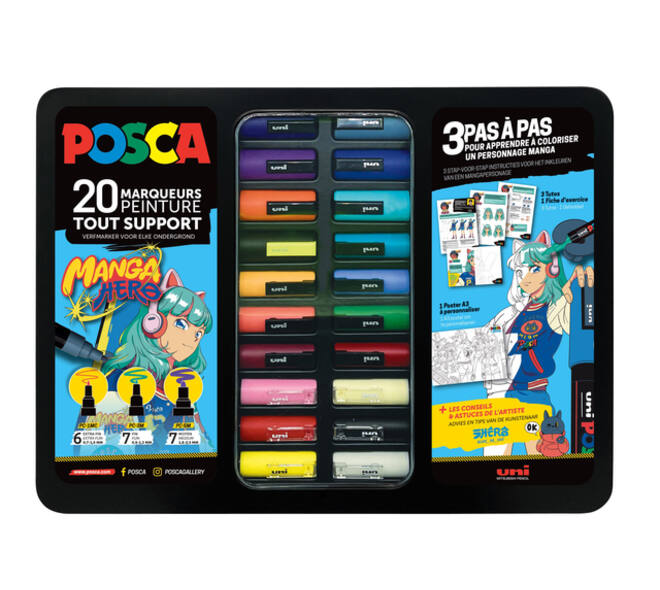 Paintmarker Uni POSCA Manga Hero assorti metalen koffer à 20 stuks