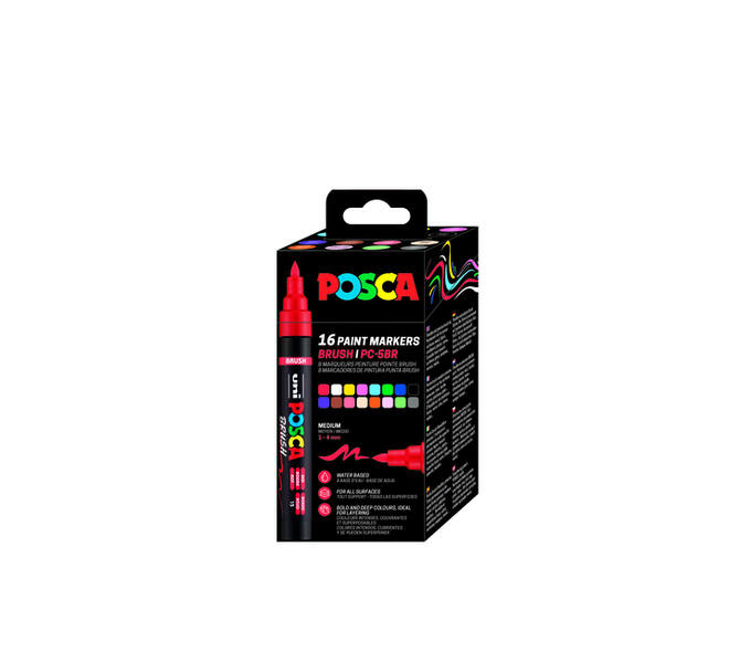 Paintmarker Uni POSCA PC-5BR brushpunt medium set à 16 kleuren
