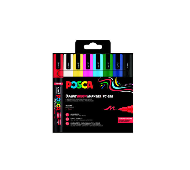 Paintmarker Uni POSCA PC-5BR brushpunt medium set à 8 kleuren