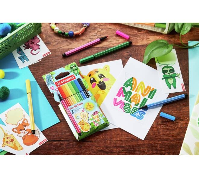 Viltstift STABILO Pen 68 Animal Vibes mini medium assorti 8 stuks