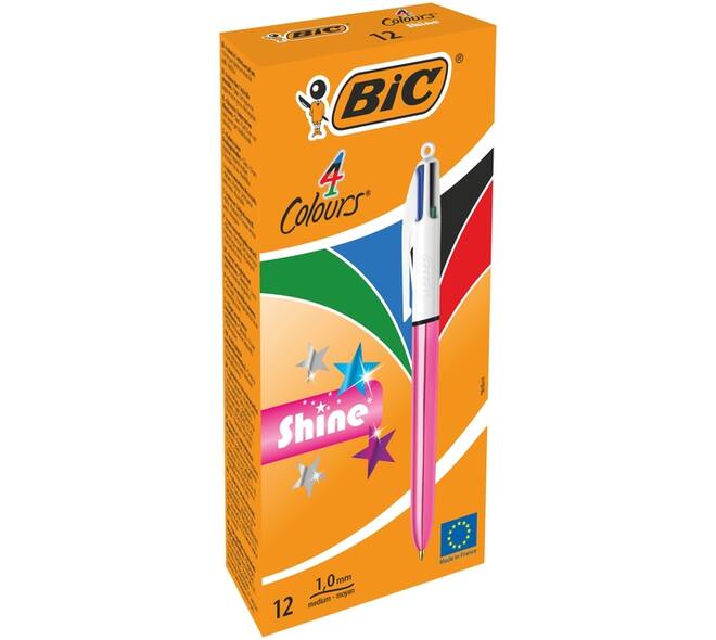 4-Kleuren balpen Bic Shine medium roze à 12 stuks