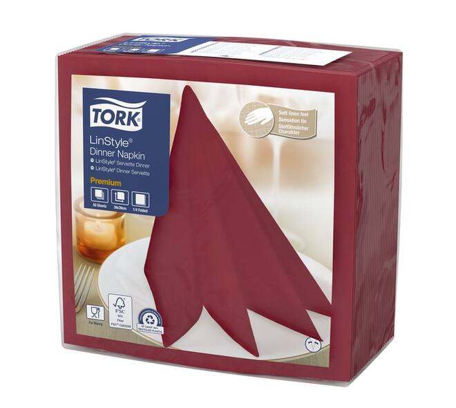 Dinerservet Tork Linstyle Premium 1/4 vouw 1-laags 390x390mm 50 vel bordeaux 478885