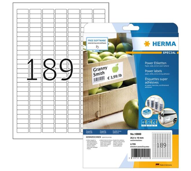 Etiket HERMA Power 10900 25.4x10mm wit 4725 stuks