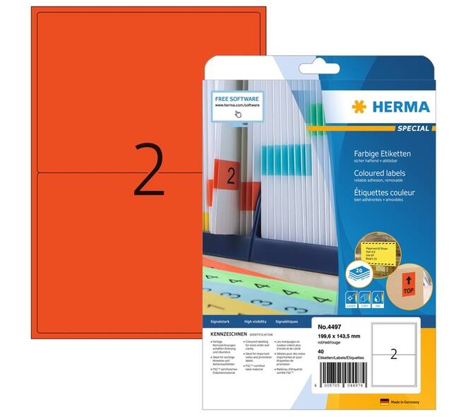 Etiket HERMA 4497 199.6x143.5mm verwijderbaar rood 40 stuks
