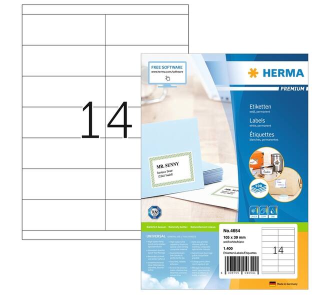 Etiket HERMA 4654 105x39mm premium wit 1400 stuks