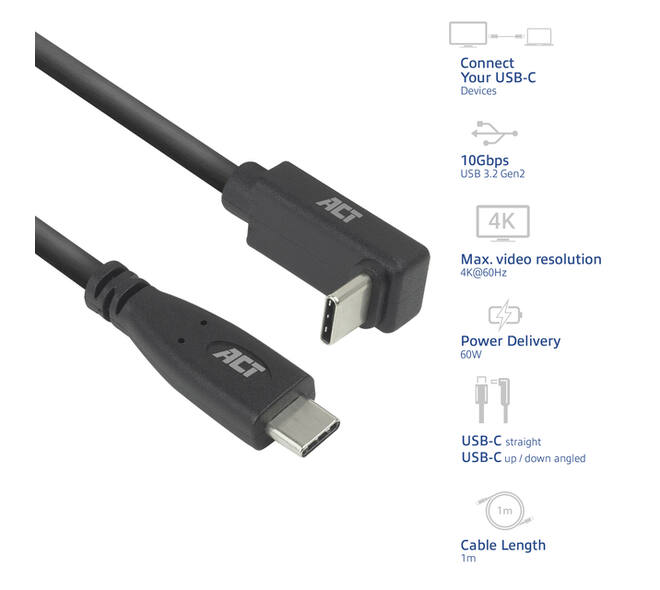 Kabel ACT USB-C standaard naar USB-C hoek boven/beneden 10Gbps 1m