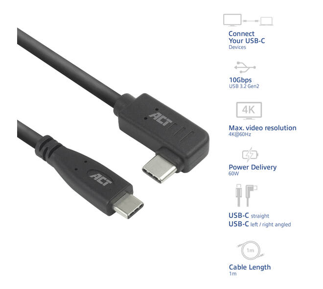 Kabel ACT USB-C standaard naar USB-C hoek 10Gbps 1m