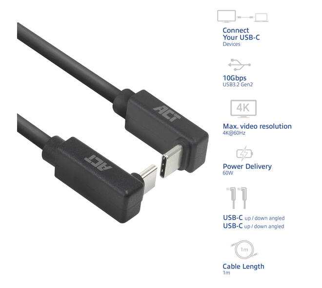 Kabel ACT USB-C hoek boven/beneden 10Gbps 1m