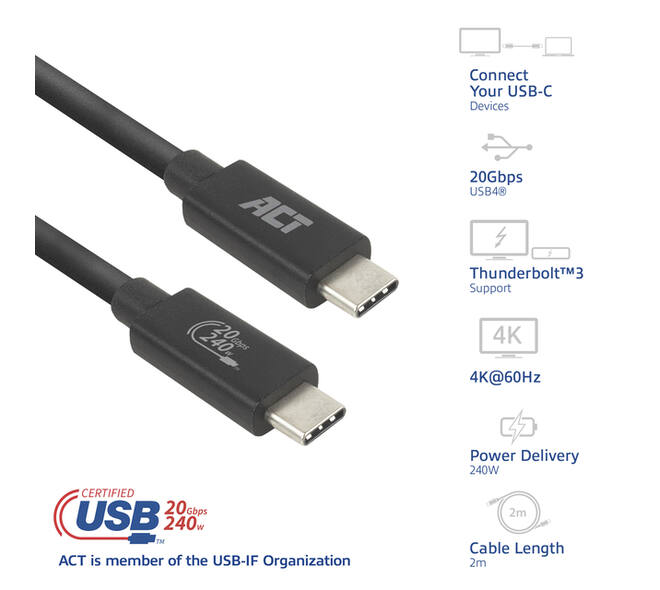 Kabel ACT USB-C 4.0 20Gbps Thunderbolt 3 2m