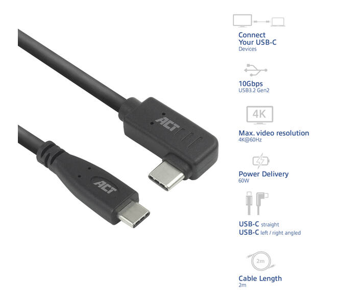 Kabel ACT USB-C standaard naar USB-C hoek 10Gbps 2m