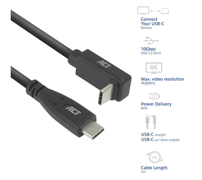 Kabel ACT USB-C standaard naar USB-C hoek boven/beneden 10Gbps 2m