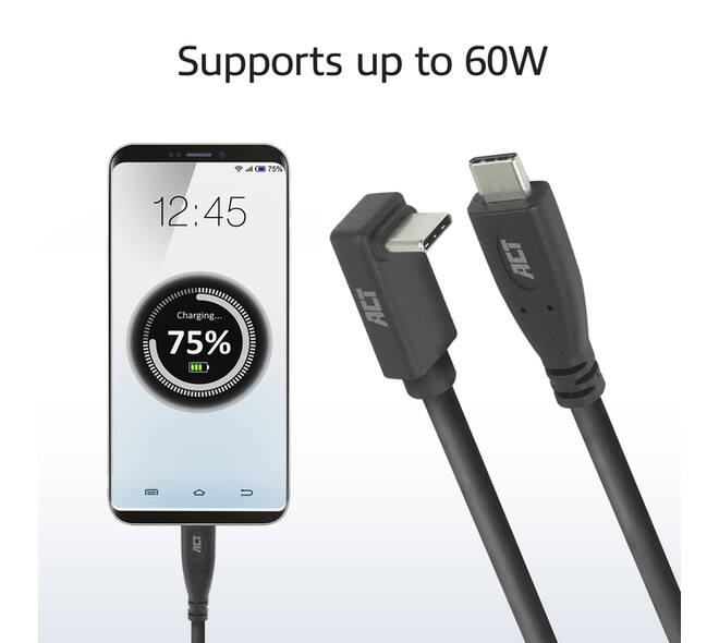 Kabel ACT USB-C standaard naar USB-C hoek boven/beneden 10Gbps 2m