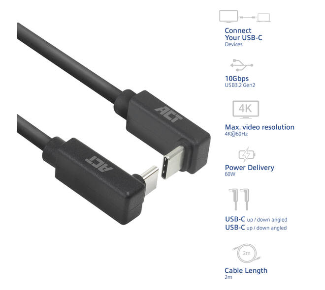Kabel ACT USB-C hoek boven/beneden 10Gbps 2m