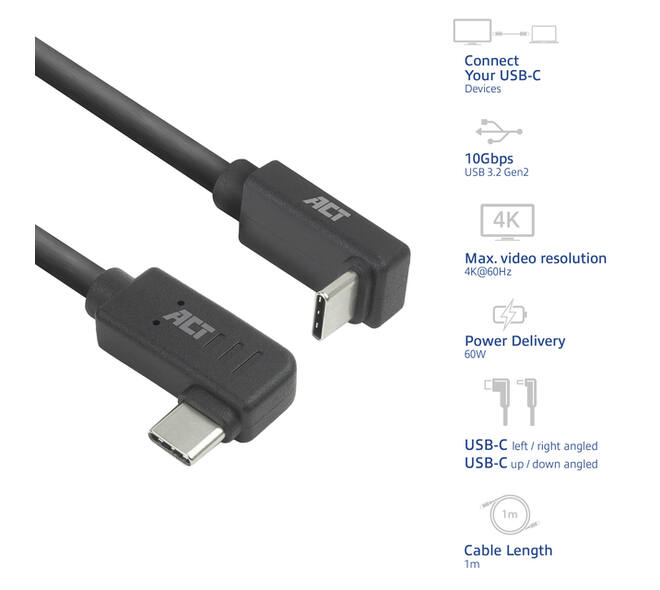 Kabel ACT USB-C hoek links/rechts USB-C hoek boven/beneden 10Gbps 1m